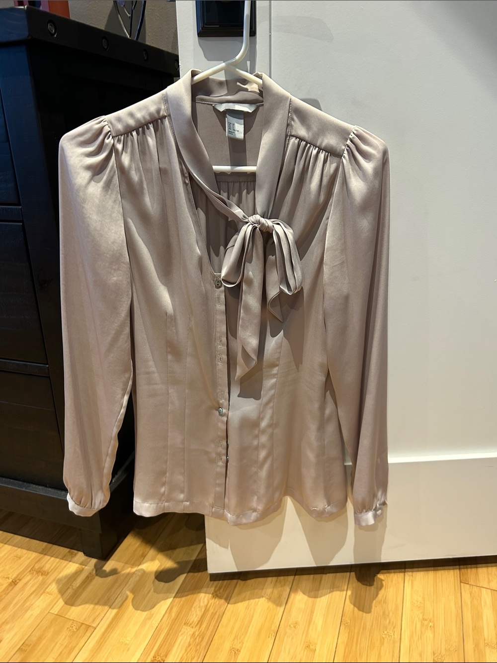 H&M Light Grey Tie-Neck Satin Blouse